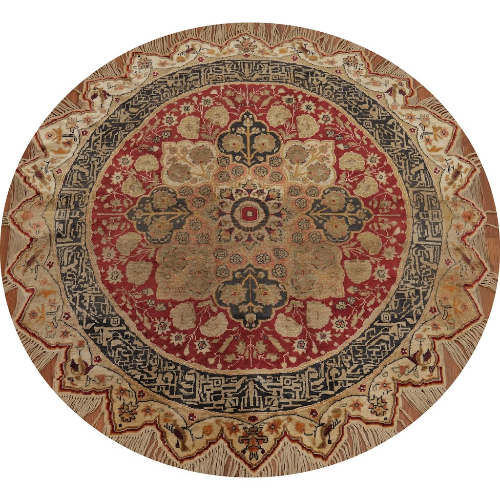 Hand Knotted Traditional Silk Red Geometric Area Rug - 4' 3'' X 4' 2''