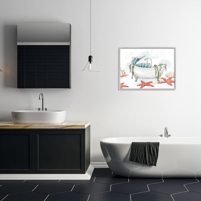 Stupell Seahorse Resting Nautical Bath Tub Starfish Bubbles Framed Wall Art