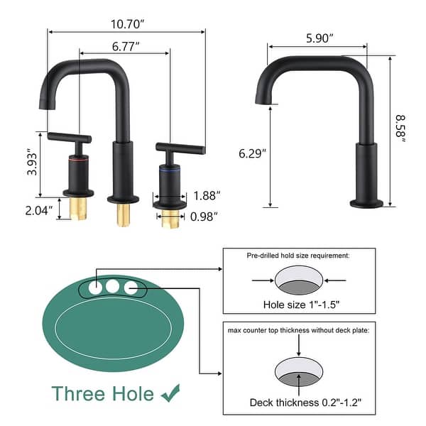 dimension image slide 2 of 4, 3 Holes Bathroom Sink Faucet With Drain Assembly 8 Inch Widespread Bathroom Faucets 2 Handle Modern Lavatory Basin Vanity Taps