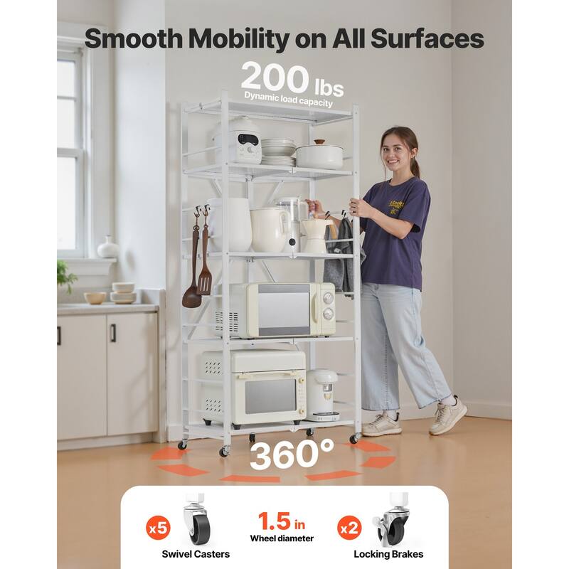 White Carbon Steel Folding Garage Storage Shelf with 5 Swivel Wheels and J-Hooks - 15 x 28 x 64 in