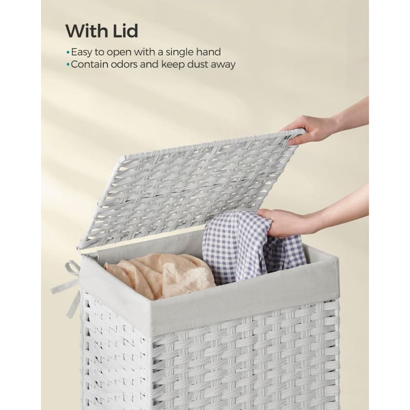 23.8Gallon White Waterproof Rattan Laundry Hamper with Lid and Removable Liner Metal Frame for Small Spaces