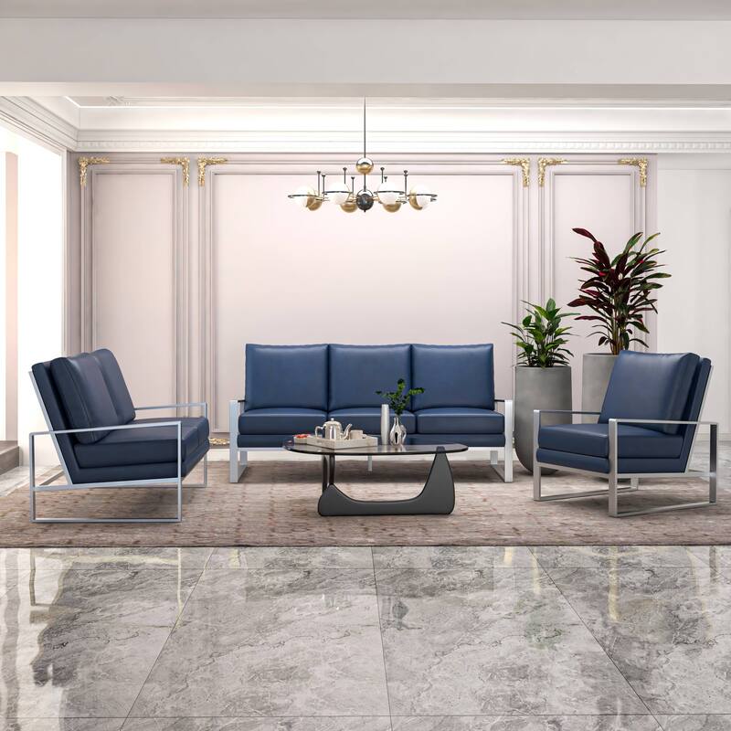 3-Piece Leather Sofa Set Brushed Stainless Steel Base and Removable Cushions