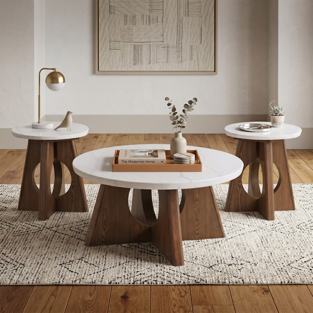 Furniture of America Eireo Organic Modern 3-Piece Brown Oak Pedestal Base Coffee Table and 2 End Tables Set with Marble Top