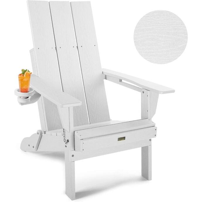 WINSOON Modern HDPE Outdoor Folding Adirondack Chair With Cup Holder - White