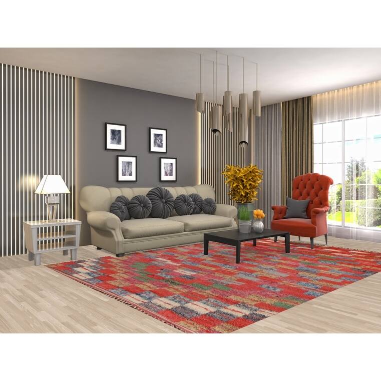 Checkered Moroccan Area Rug Handmade Orange Wool Carpet - 7'1" x 10'0"