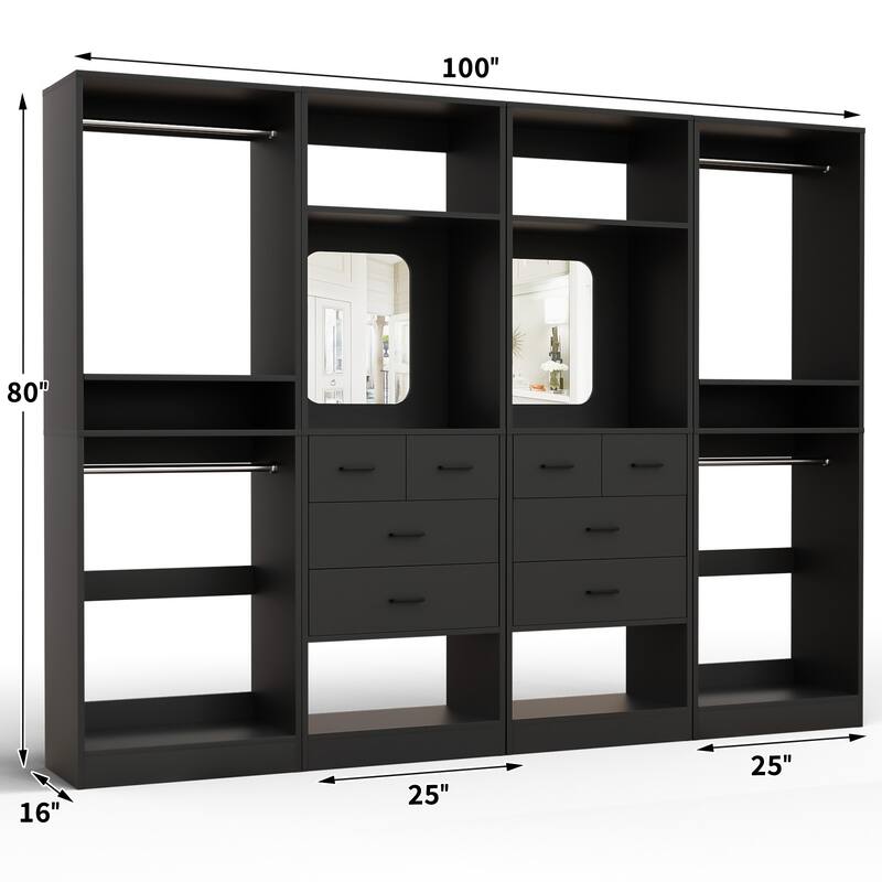 Set of 4 Closet System with 4 Drawer and Hanging Rods, Freestanding Closet Organizer with Storage Shelves