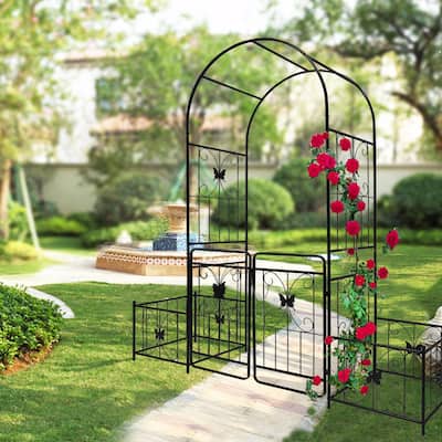 Metal Garden Arch with Gate for Climbing Plants, Outdoor Rose Arch, 79.5" W x 86.6" H