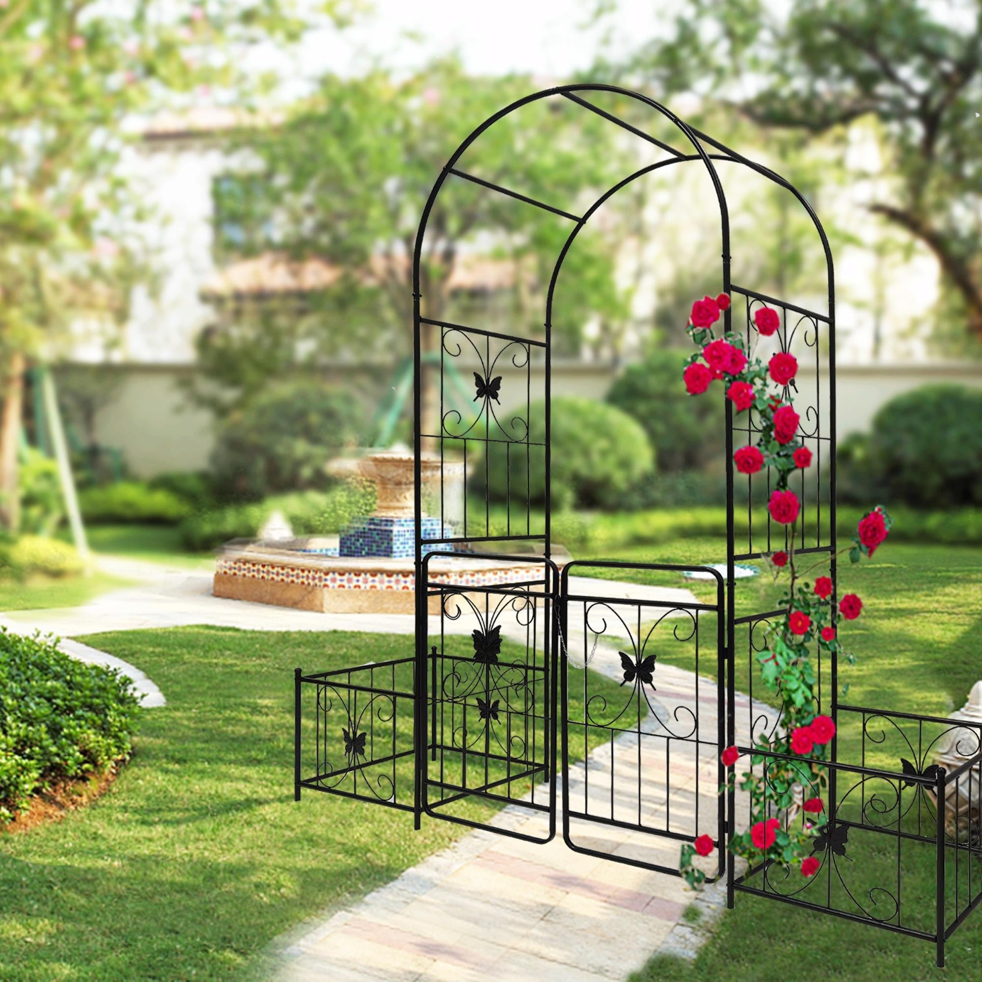 Metal Garden Arch with Gate for Climbing Plants, Outdoor Rose Arch, 79.5" W x 86.6" H