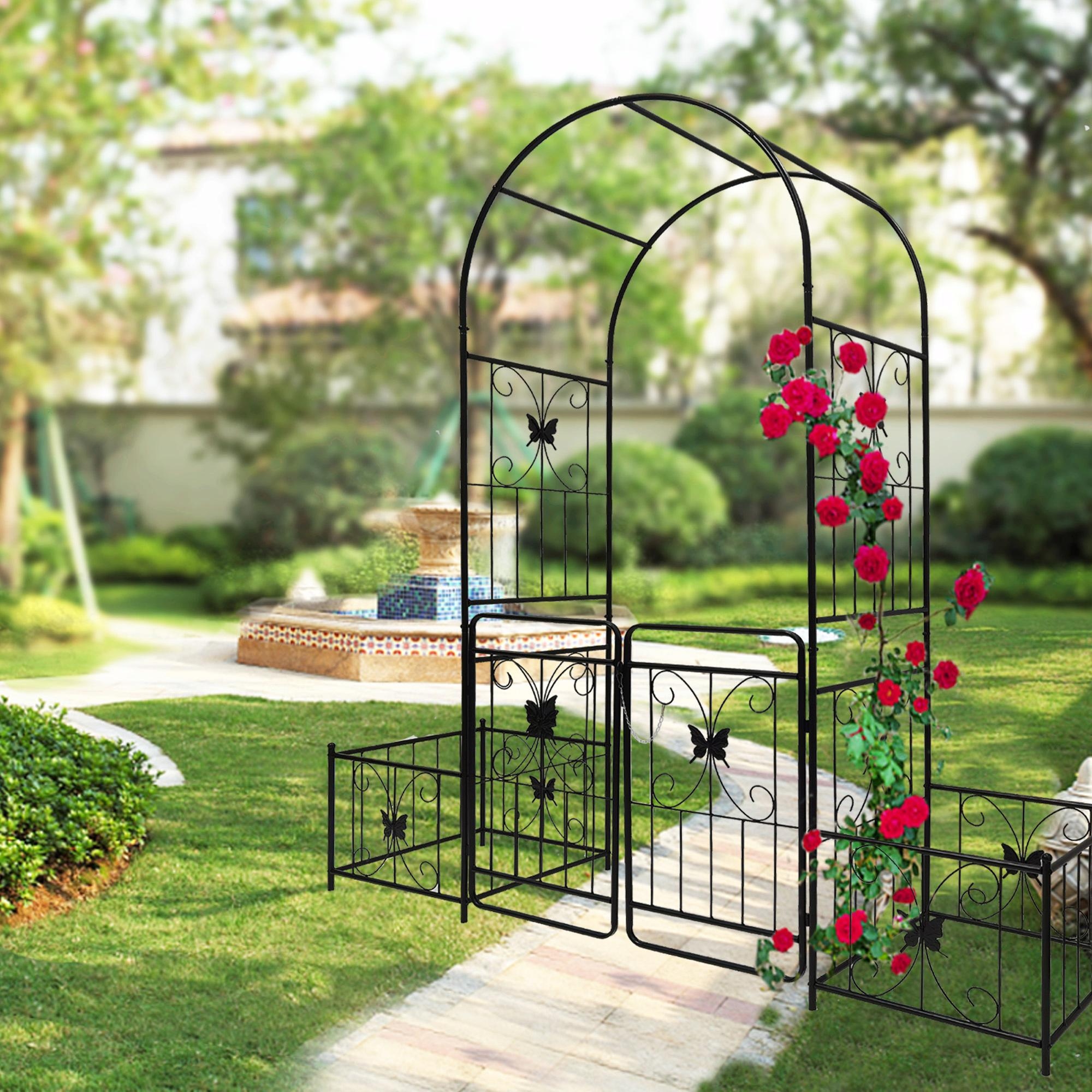 Metal Garden Arch with Gate for Climbing Plants Outdoor Rose Arch 79.5 W x 86.6 H Black