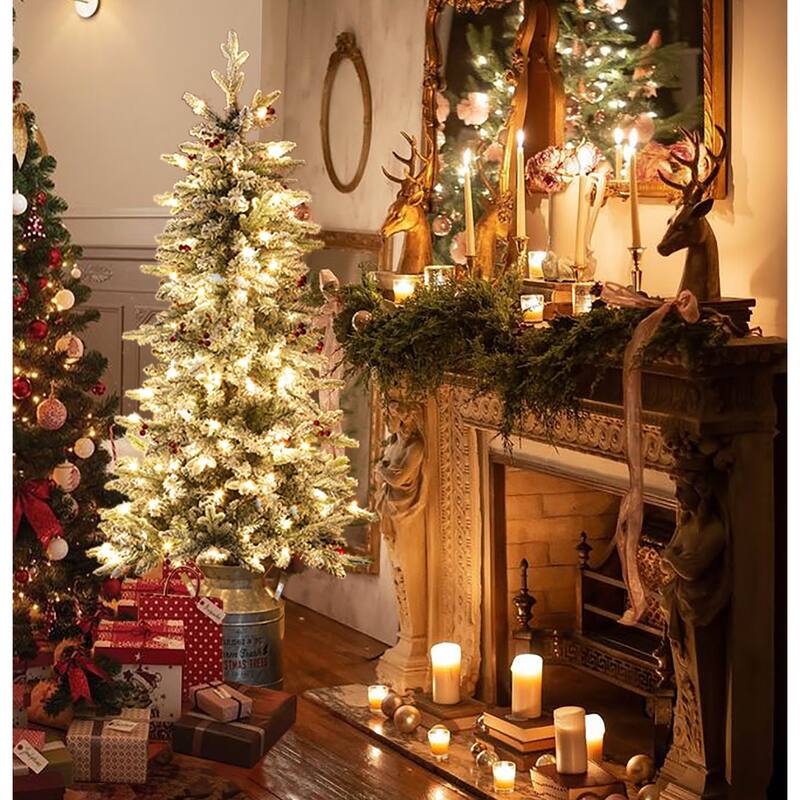 Pre-Lit LED 5ft Snow Flocked Artificial Christmas Tree with Red Berries and Metal Pot - 60" H x 25.5" W x 25.5" D