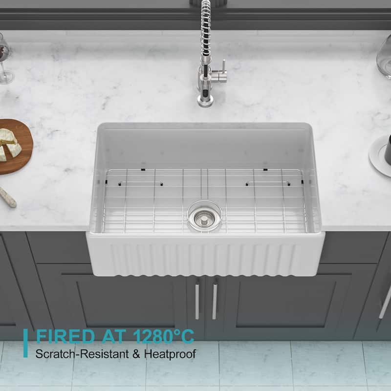 30" White Farmhouse Sink - Kitchen Sink Apron-front White Porcelain Ceramic Reversible Single Bowl Kitchen Farm Sinks