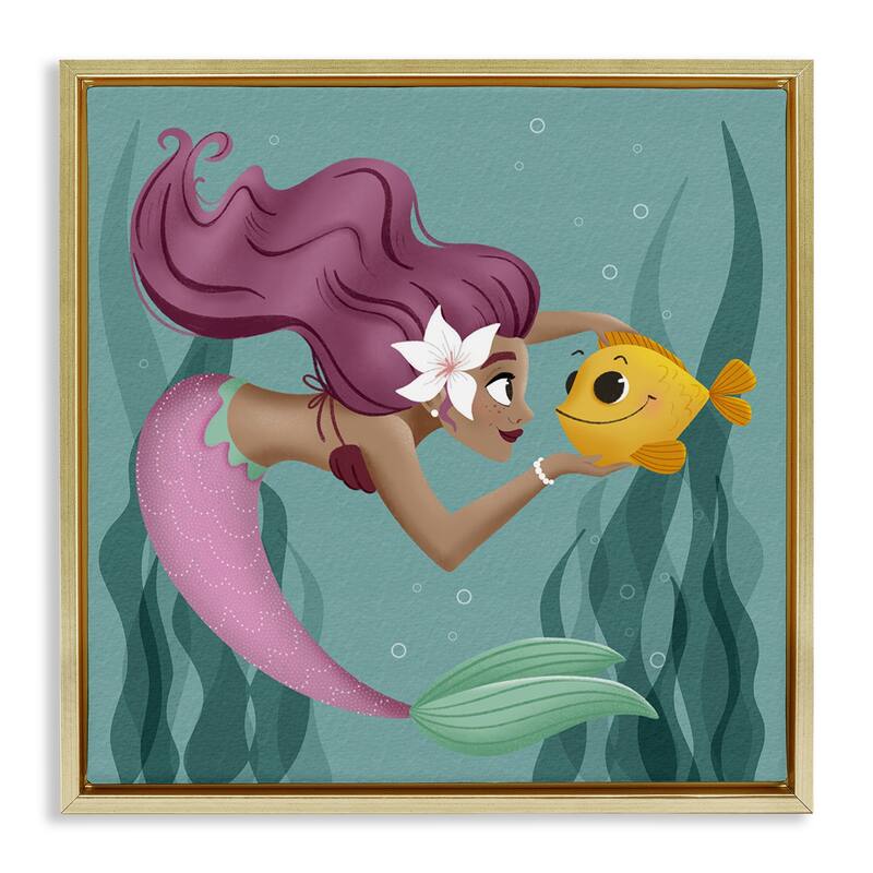 Stupell Mermaid & Fish Friends Framed Floater Canvas Wall Art Design By Sarah Hickman - 18 x 18 - Gold