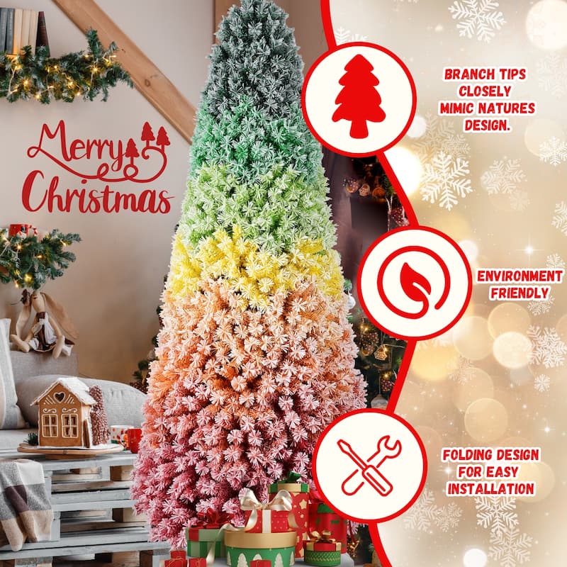 7.5ft Rainbow Gradient Flocked Christmas Tree with 1927 Tips, Artificial Pine with Snowy Finish, Hinged Design and Metal Stand