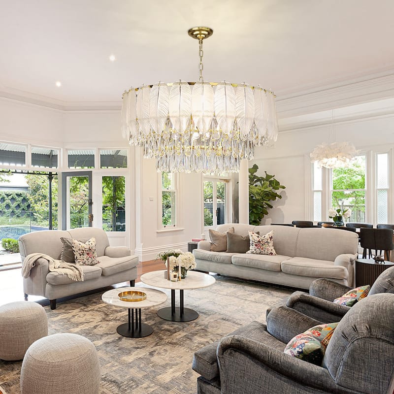 Modern Luxury Crystal Chandeliers, Adjustable Round Feather Crystal Pendant Light for Living Room, Bulbs Included