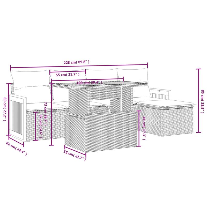 vidaXL Patio Sofa Set with Cushions Outdoor Furniture 6 Piece Poly Rattan - 21.7 x 24.4 x 27.2