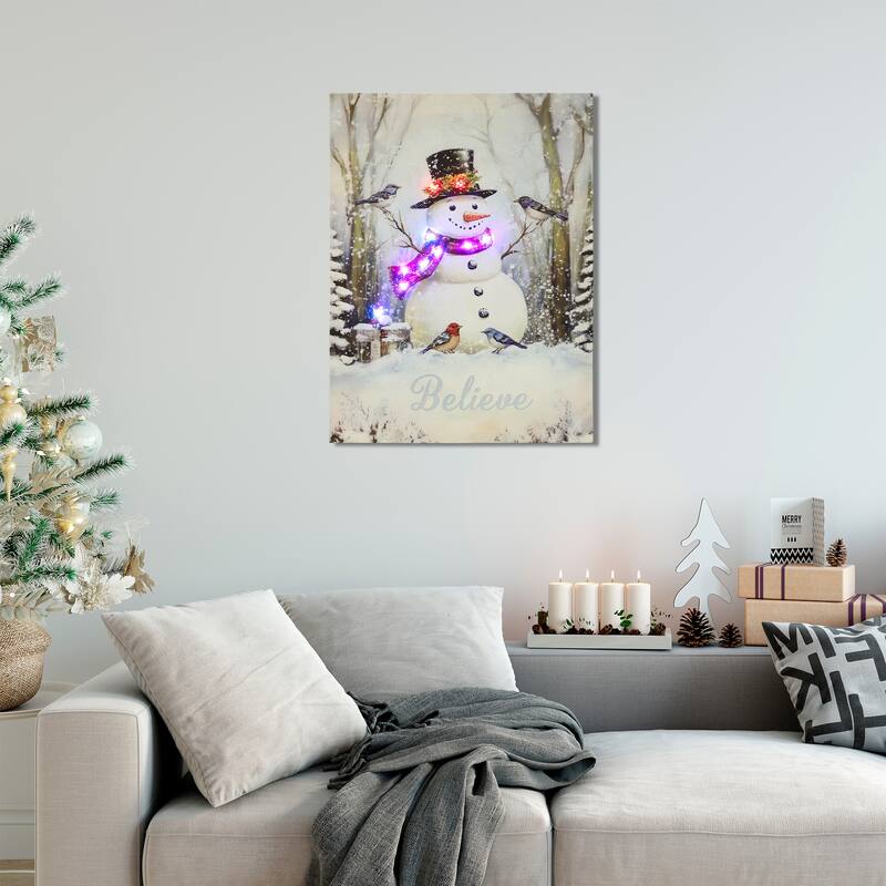 LED SnowmanBird Friends Christmas Canvas Wall Art 15.75" x 11.75"