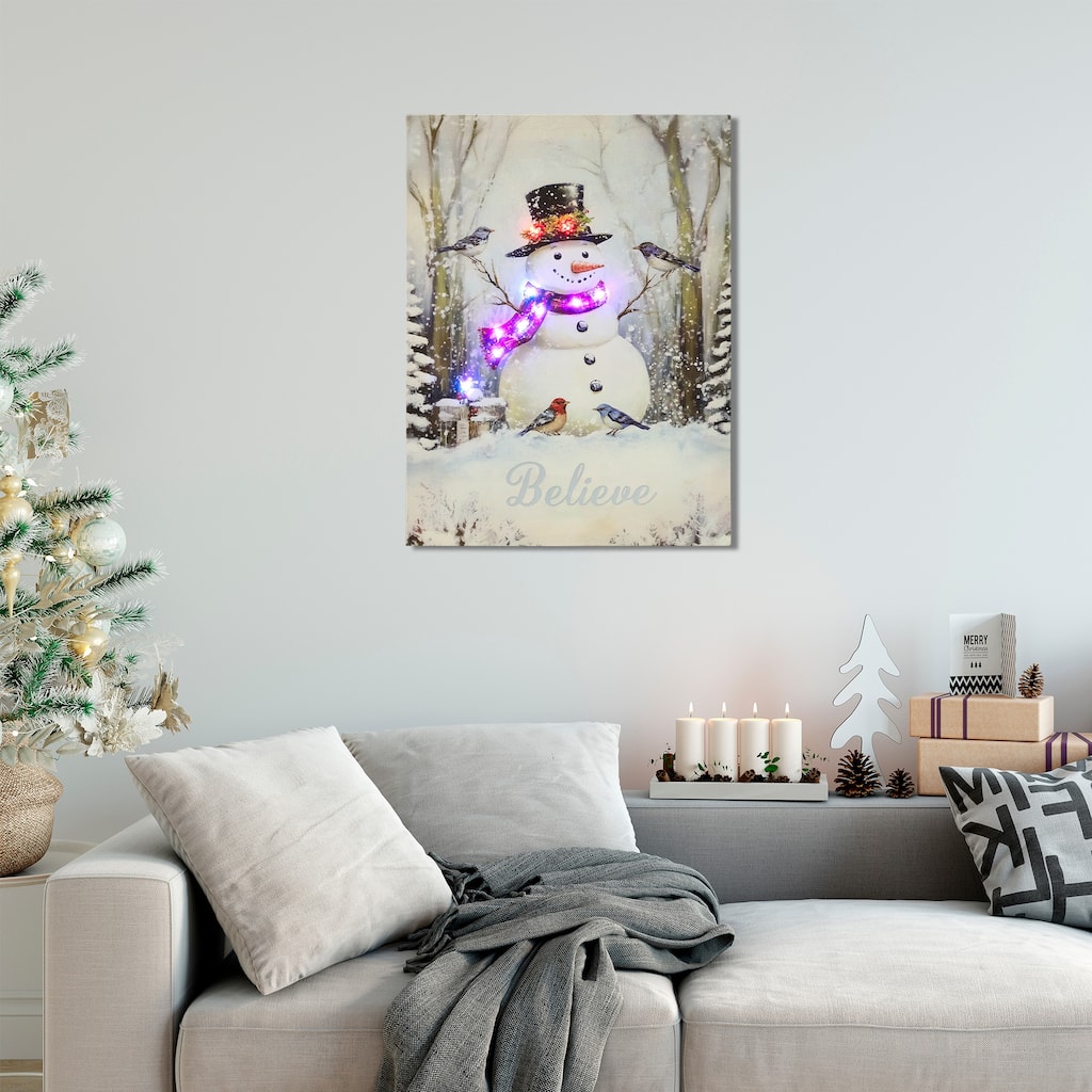 LED SnowmanBird Friends Christmas Canvas Wall Art 15.75" x 11.75"
