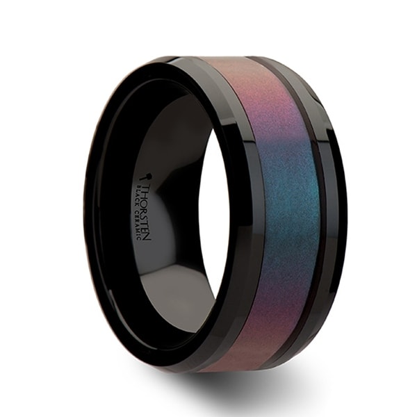 Barracuda Black Ceramic Ring With Bevels And Bluepurple Color Changing Inlay