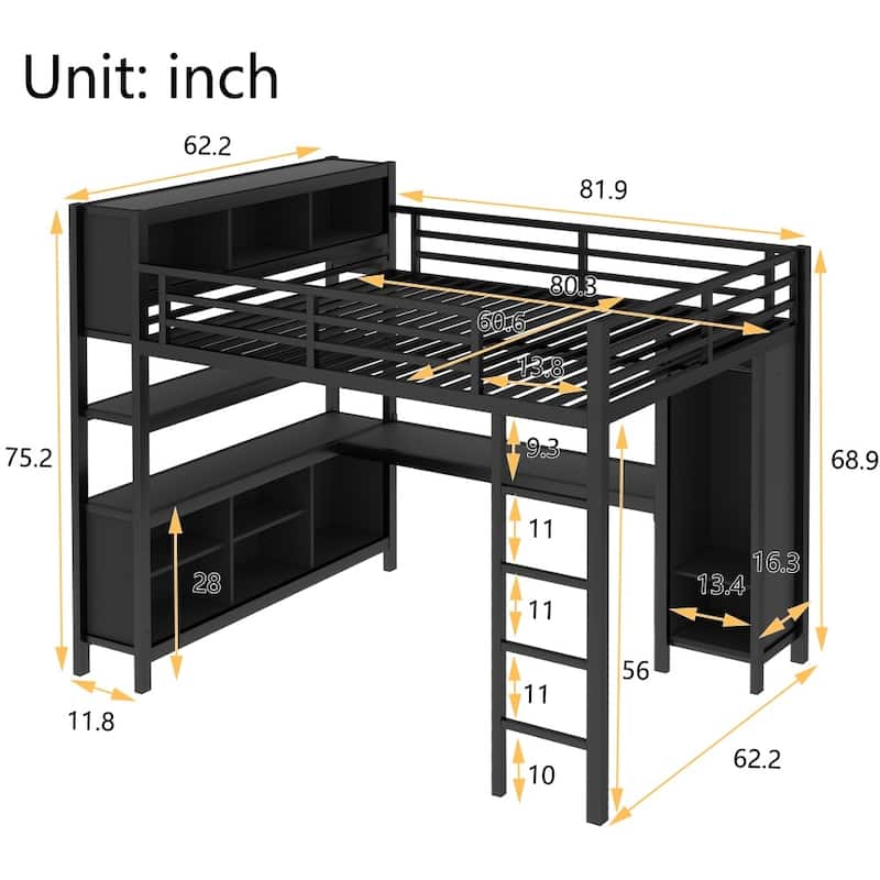 Metal Loft Bed with Wardrobe,L-shaped Desk,Storage Cubes and Shelves
