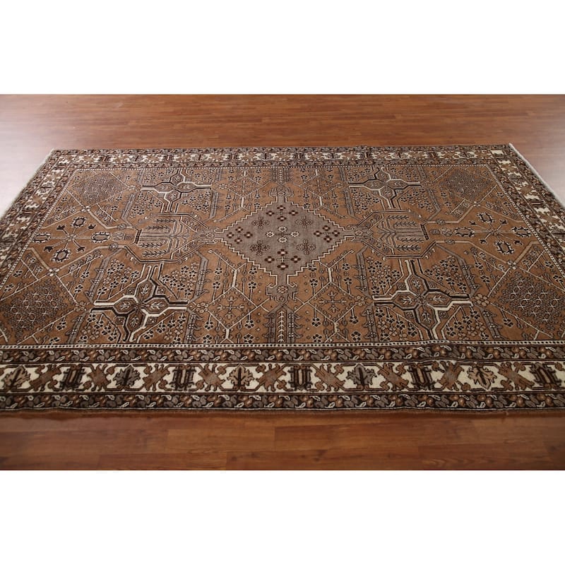 Geometric Brown Bakhtiari Persian Vintage Rug Handmade Wool Carpet - 6'5"x 9'11"