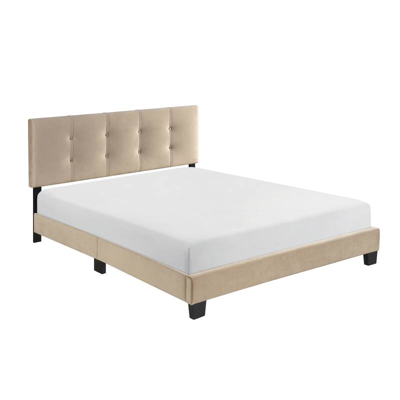Queen Platform Bed with Adjustable Height Headboard, Light Brown Velvet Upholstery, Solid Wood Frame