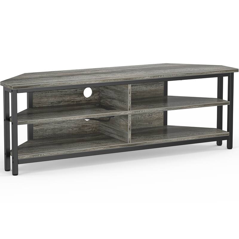 Farmhouse Wood Corner TV Stand with Power Outlet, Space Saving Entertainment Center Media TV Console Table