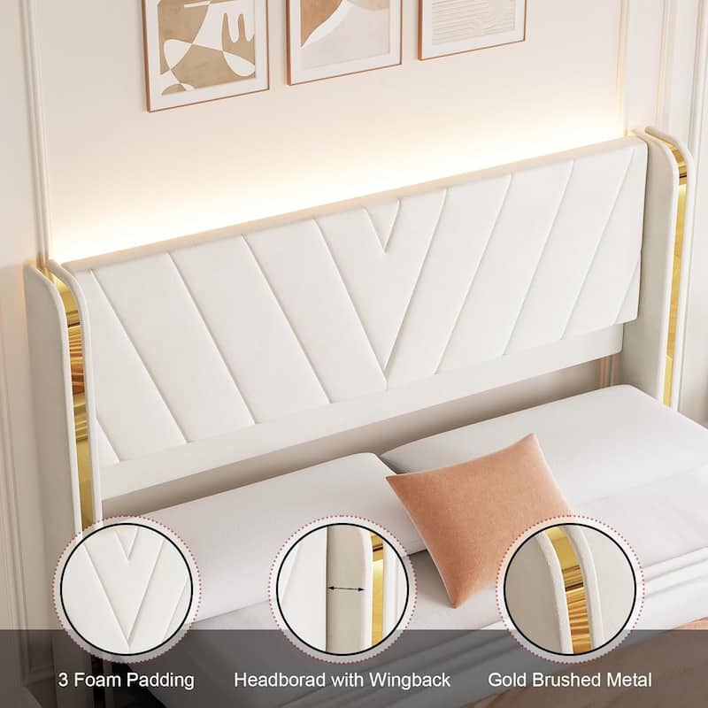 Upholstered Velvet Platform Bed Frame With Wingback Headboard and 4 Storage Drawers