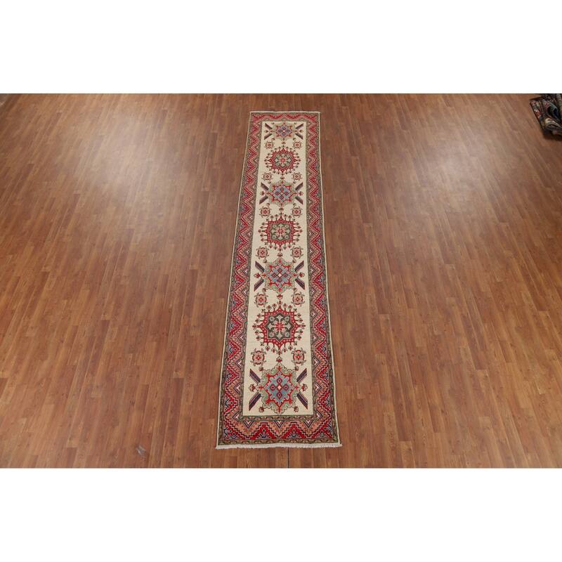 Hand Knotted Oriental 100% Wool Carpet Traditional Geometric Beige & Ivories Kazak Runner Rug - 12' 8'' X 2' 9''