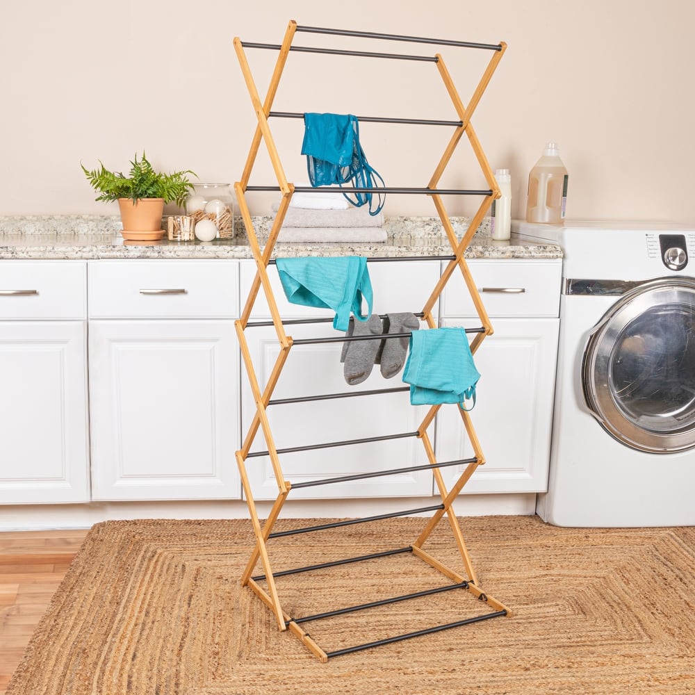 Household Essentials Bamboo Adjustable Folding Clothes Drying Rack with 16 Metal Dowels - 23.8"L x 19.3"W x 57.0"H