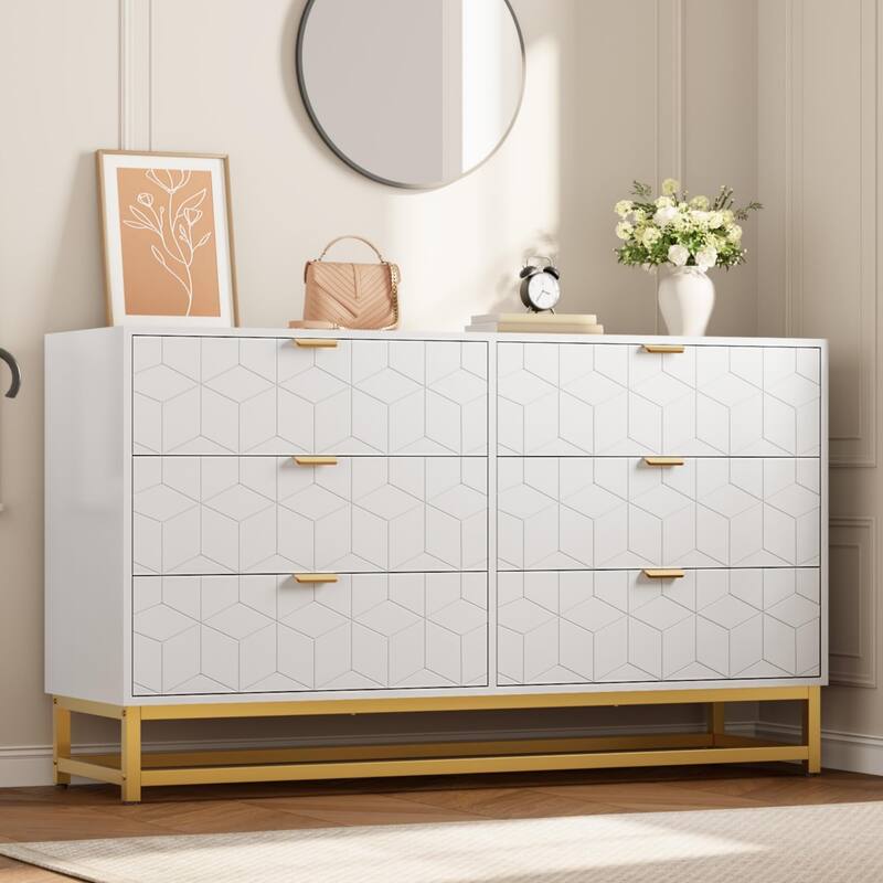 53.5" Modern 6-Drawer Dresser with Metal Legs, Wide Storage Chest of Drawers for Bedroom, Living Room, Entryway