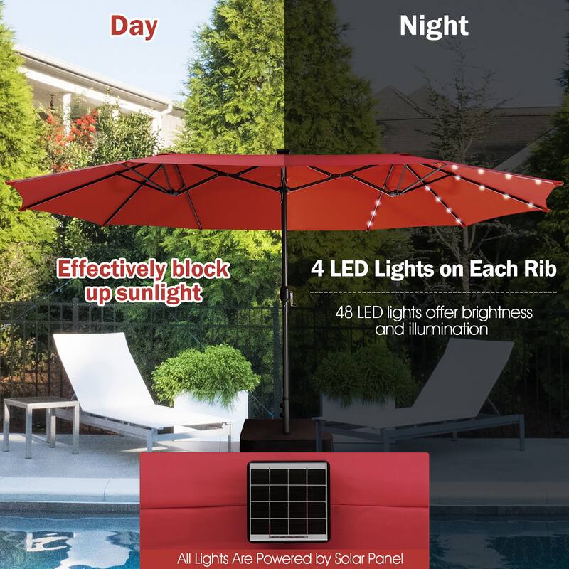 Gymax 15Ft Solar LED Patio Outdoor Double-Sided Umbrella w/ 48 Lights