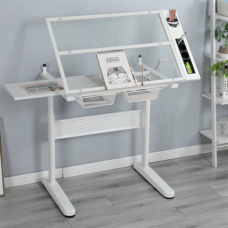 Adjustable Drawing Desk with 2 Metal Drawers and Stool