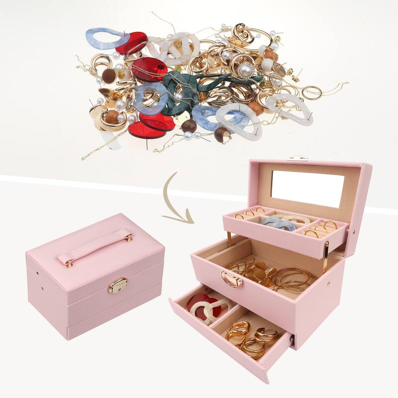 3 Layer Jewelry Box with Mirror for Women, PU Leather Jewelry Organizer Case Storage Display Holder with Drawer - 21x13x12cm