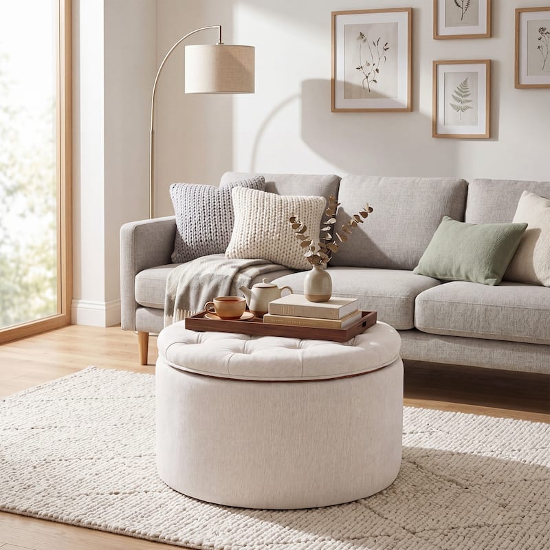 Adeco 24" W Round Tufted Storage Ottoman with Reversible Tray Lid