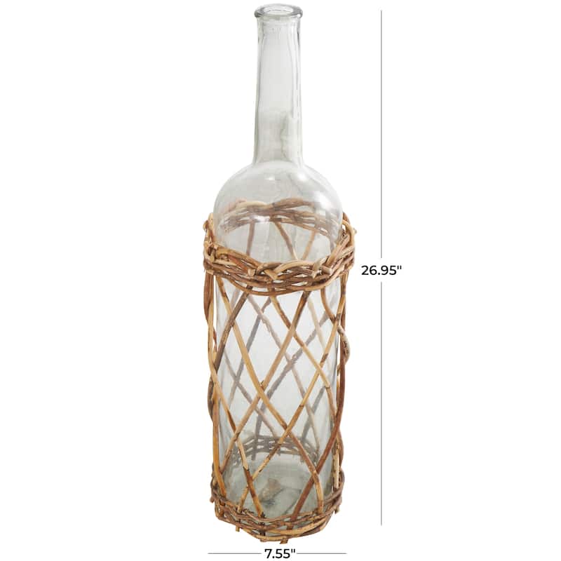 Clear Glass Handmade Tall Vase with Brown Rattan Woven Lower Body
