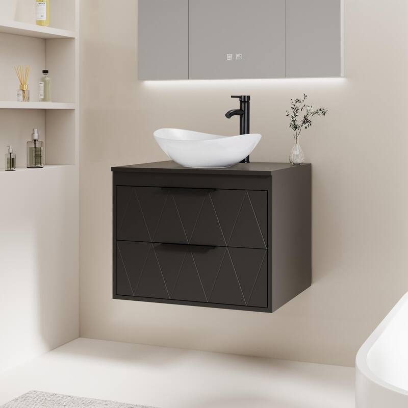 Modern Wall Mounted Bathroom Vanity Set with Vessel Sink & Faucet - black-24 in - 24-2 Ceramic boat sink