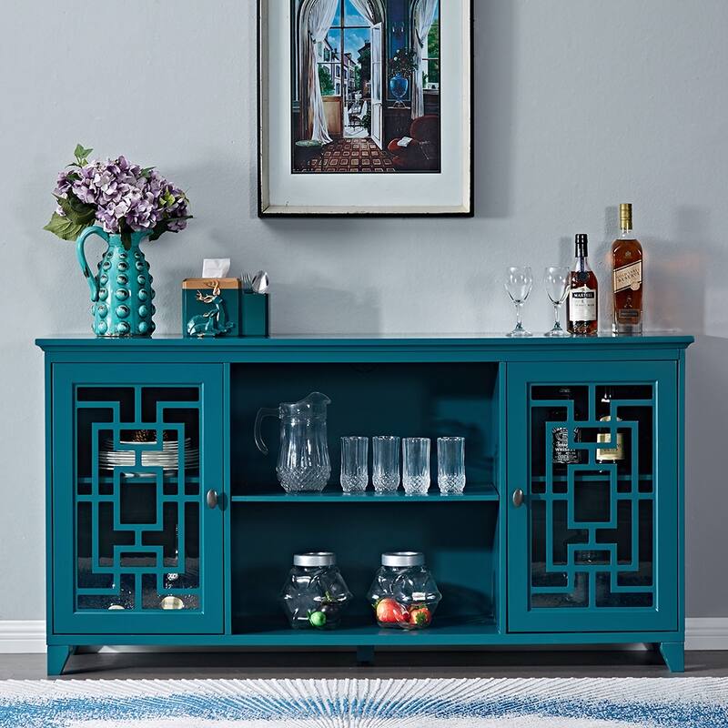 Kitchen Sideboard with 2 Glass Doors, Buffet Cabinet with Adjustable Shelves, Console Table with Solid Wood Legs - Teal Blue