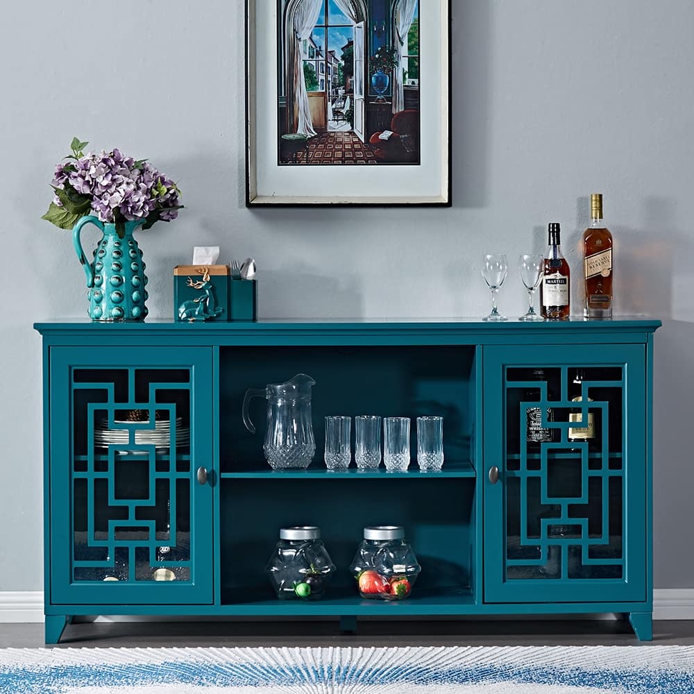 Sideboard Buffet with 2 Glass Doors, Adjustable Shelves, Solid Wood Legs, and Sturdy MDF Construction for Dining Living Room