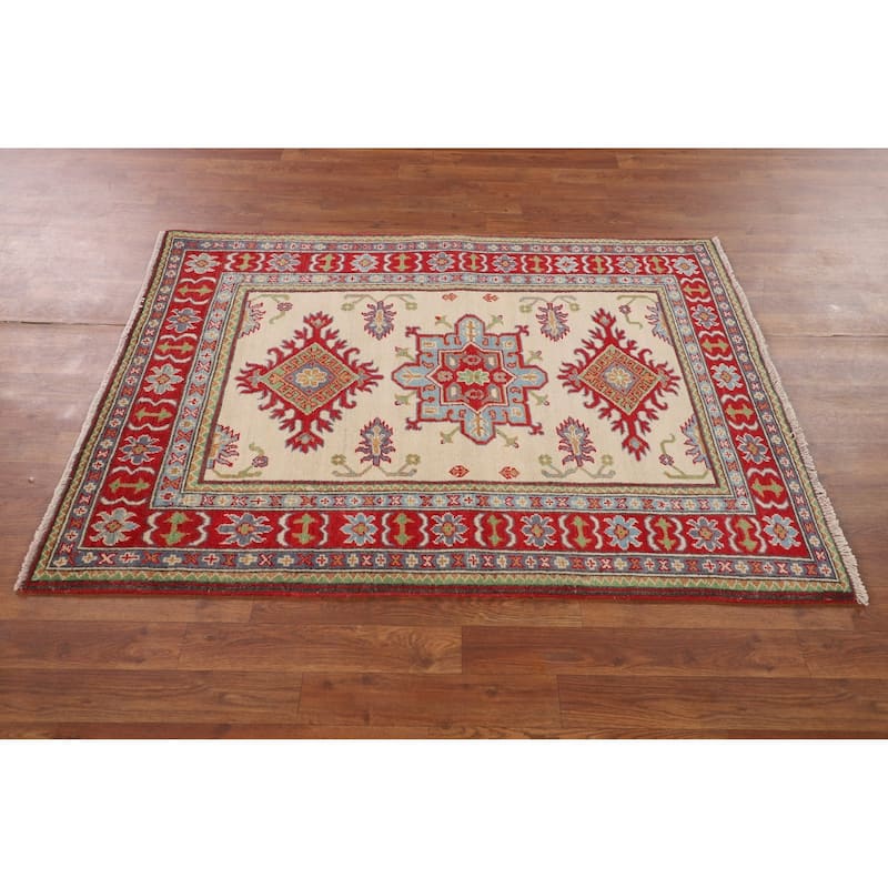 Kazak Foyer Rug Handmade Traditional Beige Wool Carpet - 3'7" x 4'8"