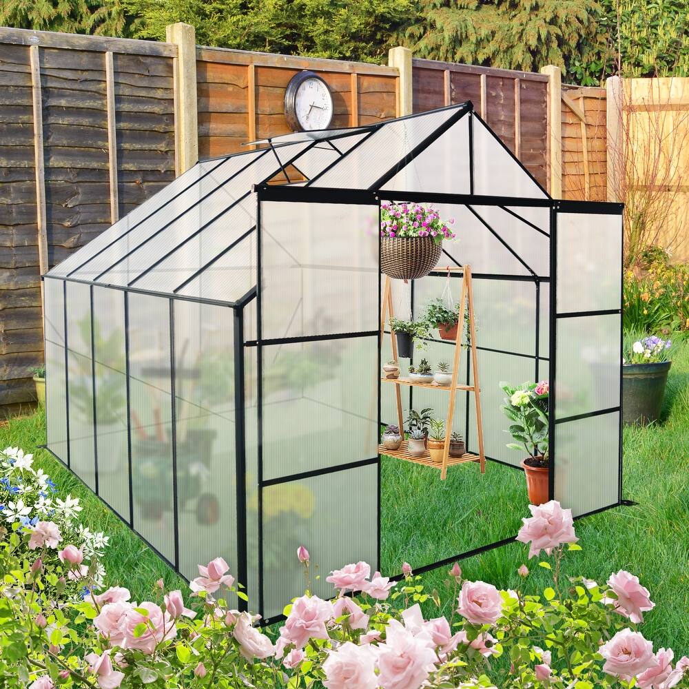 8x10FT Double Door Polycarbonate Greenhouse Raised Base and Anchor Aluminum Heavy Duty Walk-in Greenhouses for Outdoor Backyard