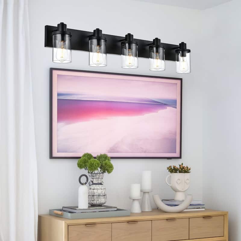 Rustic Wall Light Fixture in Matte Black Finish, 5 Light Bathroom Vanity Lighting with Clear Glass Shade, Wall Lamp Sconces