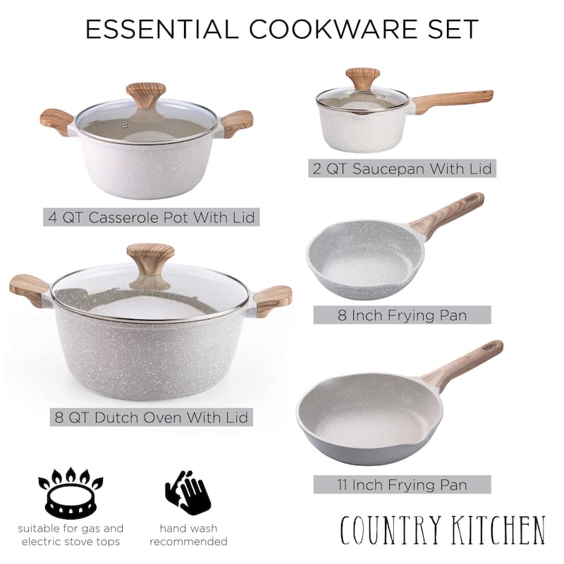 Country Kitchen Non-Stick Cast Aluminum Cookware Set - Durable Kitchen Cookware for Everyday Cooking, 6-11 Pc