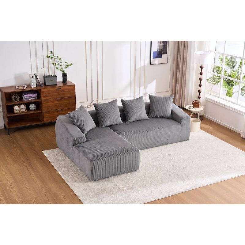 Grey Compression Sofa: Chaise Longue with 3 - Seater, Corduroy Fabric, Full Sponge, 4 Pillows