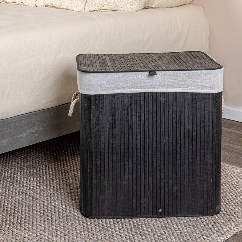 Household Essentials Bamboo Double Laundry Hamper with Rope Handles and Removable Laundry Bag - Black
