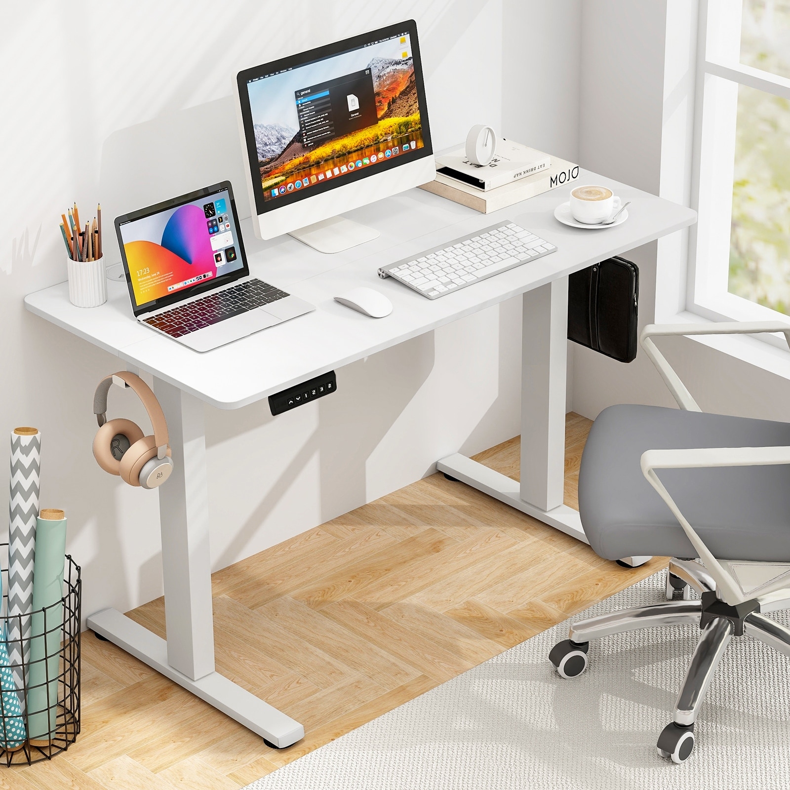 Electric Standing Desk with 3 Memory Height Settings and 2 Hanging Hooks & Cable Management