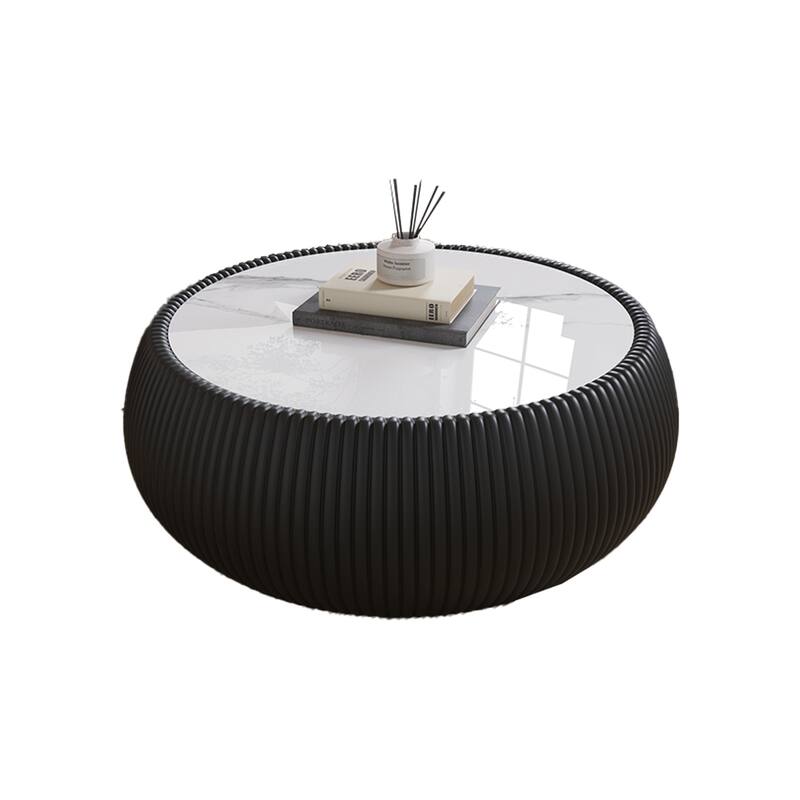27.55" Round Coffee Table, Faux Marble Top Drum Shape Low Coffee Table, Modern Center Table with Leather Frame for Living Room