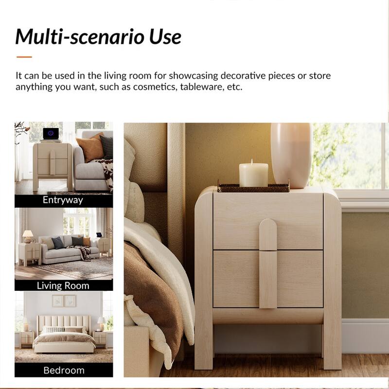 WAMPAT Modern Wood Nightstand With 2 Drawers ,Curved Mid-Century End Table With Built-In Charging Station For Bedroom