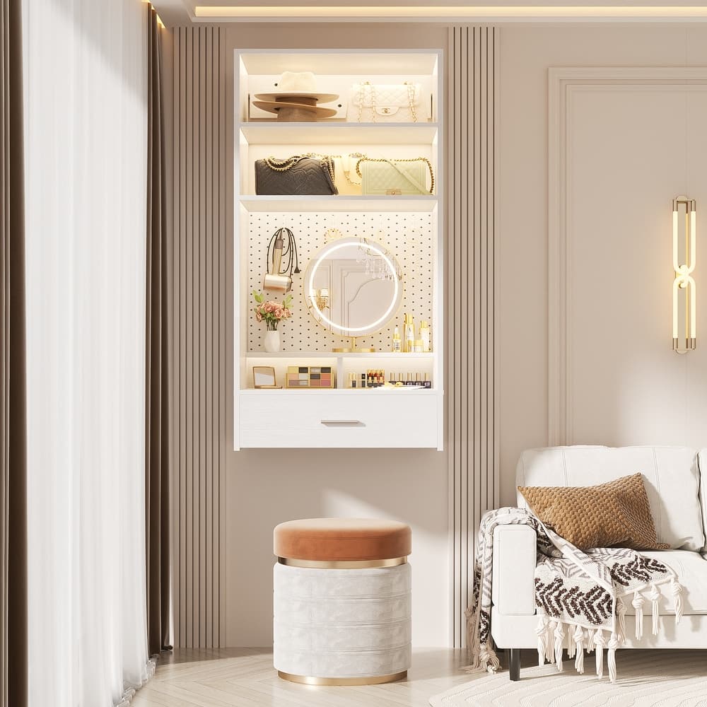 25'' W Hanging Closet System with Vanity Desk, Closet Organizer with Wood Drawer and Storage Shelves and Magnetic Pegboard