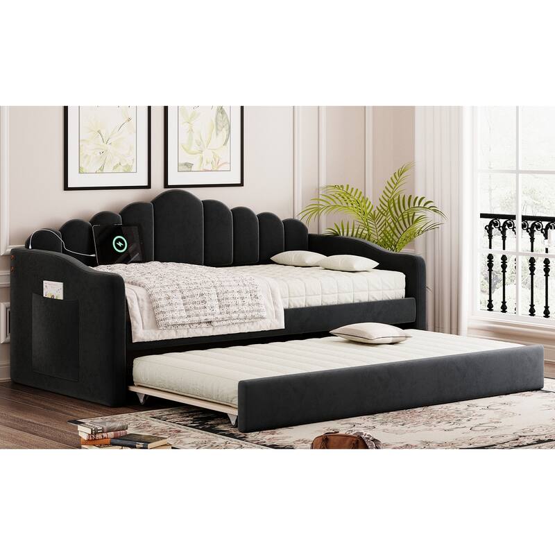 Twin Size Velvet Upholstered Daybed Vertical Stripes Backrest Sofa Bed with Trundle Bed, 2 USB Charging Ports, 2 Large Pockets