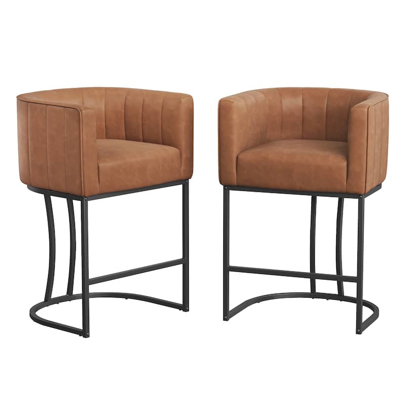 LUE BONA Modern 26.in Low Back Counter Height Barstools Upholstered/PU Leather Barrel Set of 2 Bar Stools with Metal Frame